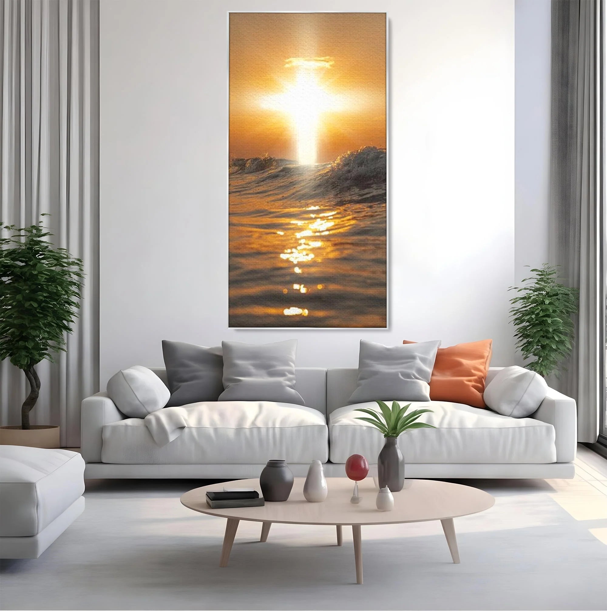 Tablou canvas cu tablou canvas cu apus si cruce pe apa, in rama de aluminiu argintiu, pe perete intr-un living